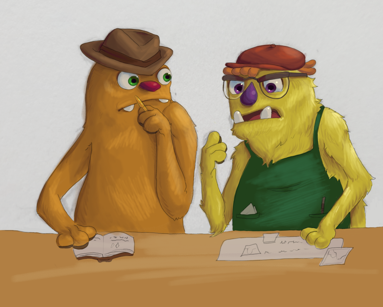 Buddy and Snorpy sitting at a table, discussing something. Buddy, on the left, is an orange grumpus of average build with short fur, green eyes, a small red nose, and an overbite with two short tusks, and they are wearing a brown fedora. They are holding a pen with their left paw and holding a journal open with their right, and they are listening to Snorpy. Snorpy, on the right, is a chubby yellow grumpus with purple eyes, shaggy fur, curly ginger hair, an underbite with two rounded tusks, and a purple, pear-shaped nose. He is wearing a red flat cap, a green work apron and glasses. He is talking passionately and gesturing to some papers on the table.